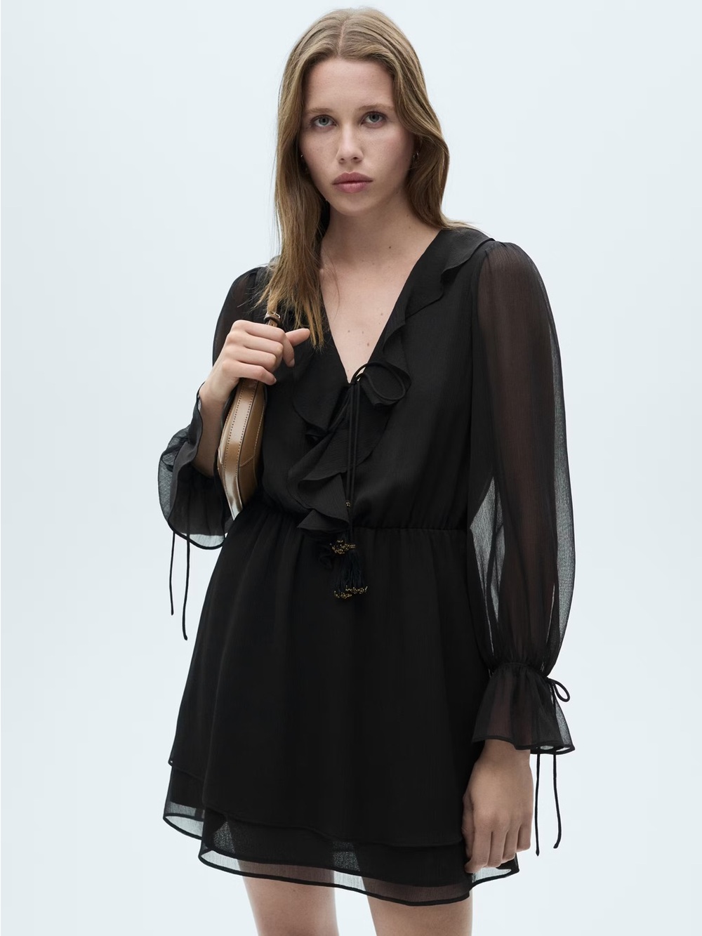 Mango / Black Sheer Long-Sleeve Ruffle Mini Dress - Sz. 6 - NWT